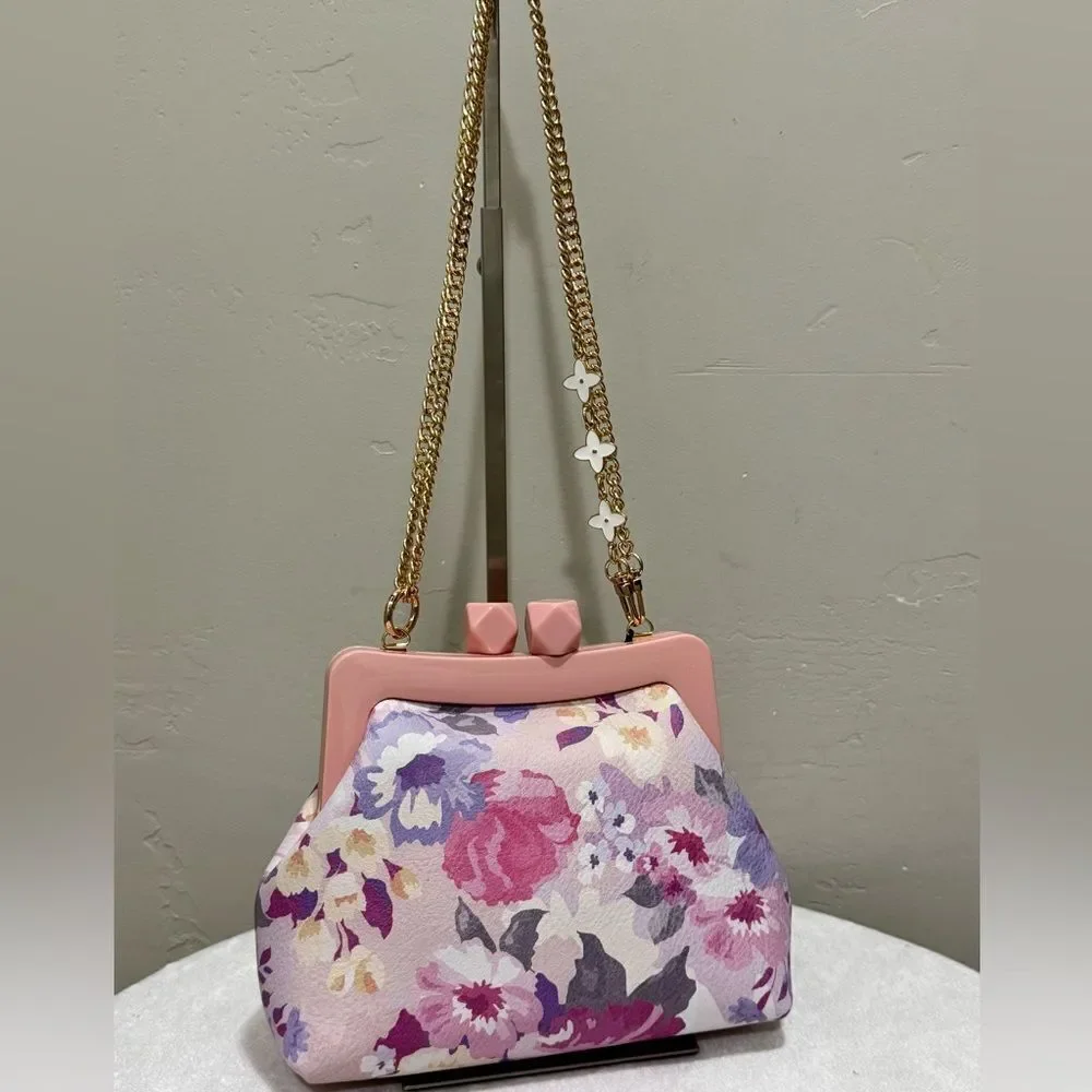 Floral Print Cowhide Leather Handmade Acrylic Frame Clutch Bag, 3 Straps Style